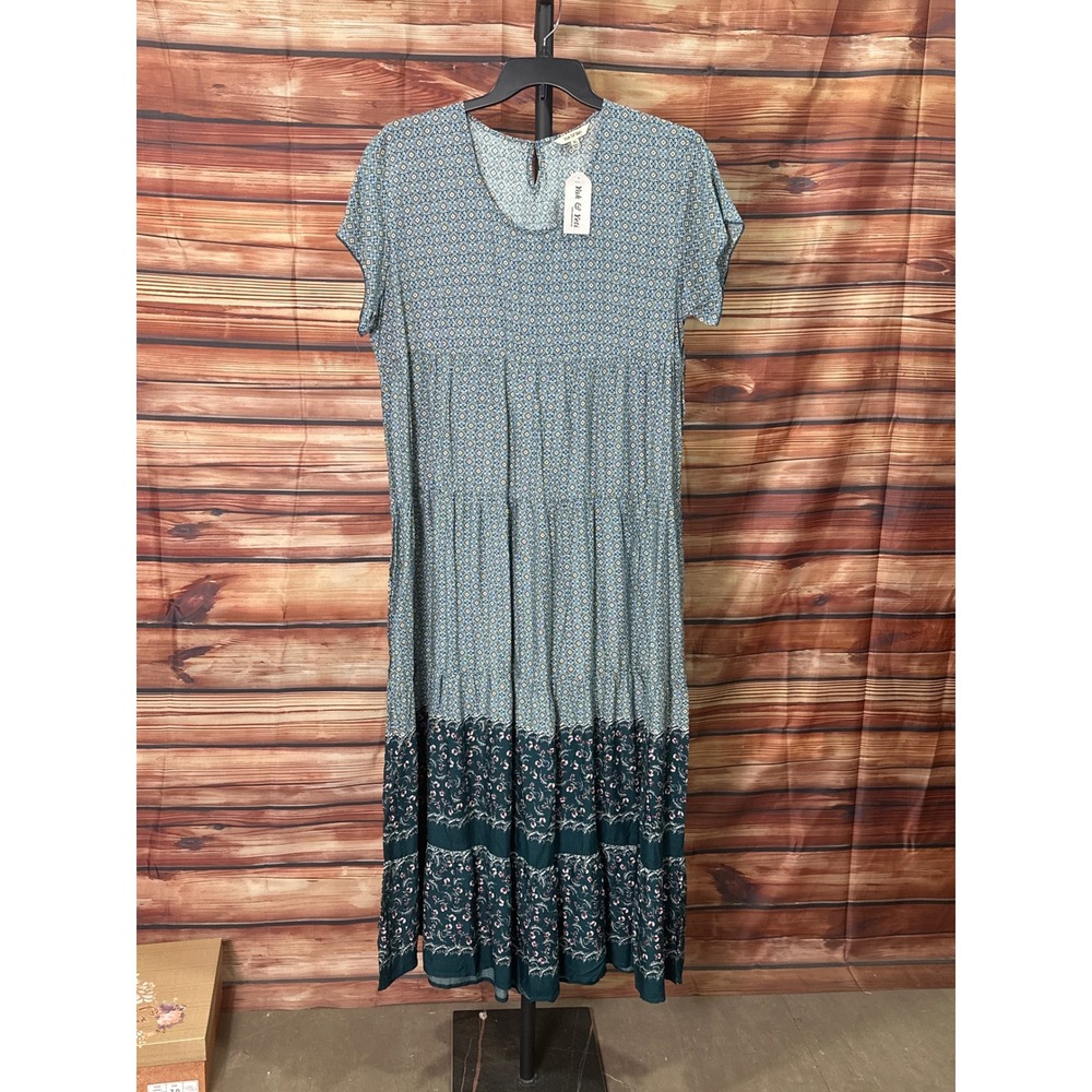 Yak & Yeti Women XL Teal Blue Geometric Floral Tiered Rayon Maxi Dress Pockets - Picture 2 of 5